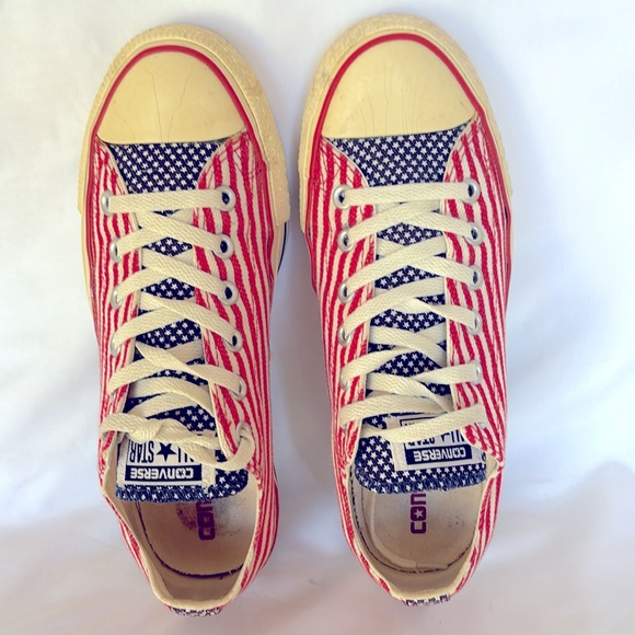 Pre- Loved Converse All Star Red White Stripe Stars USA Flag Low Top Sneakers - Picture 2 of 11